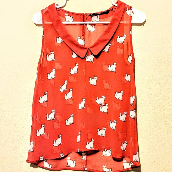 ZARA Red sheer cat blouse (Small) - Picture 3 of 11